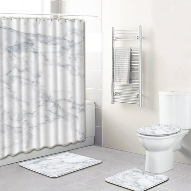 Marble Grain Shower Curtain Bathroom Rug Set Bath Mat Non-Slip Toilet Lid Cover 